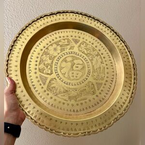 Vintage brass tray with Chinese “Fortune”, bird and flower design